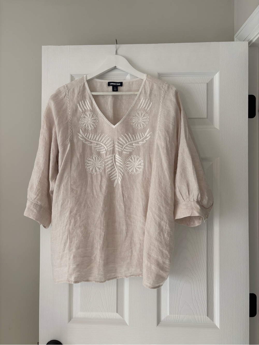 Lands' End Pale beige Linen Embroidered V-Neck Tunic